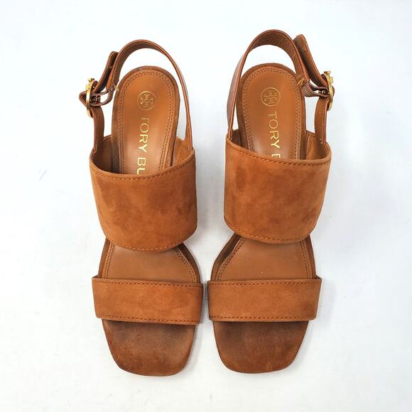 Tory Burch Selby 75MM Block Heel Sandals Silk Suede Ambra Tan 64760 Size 8.5 M - Picture 3 of 13
